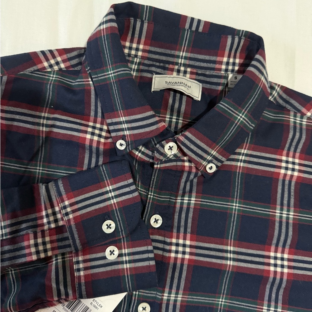 NWT New Savannah Navy Red Plaid Men's Long Sleece Button-Down Shirt Size Small